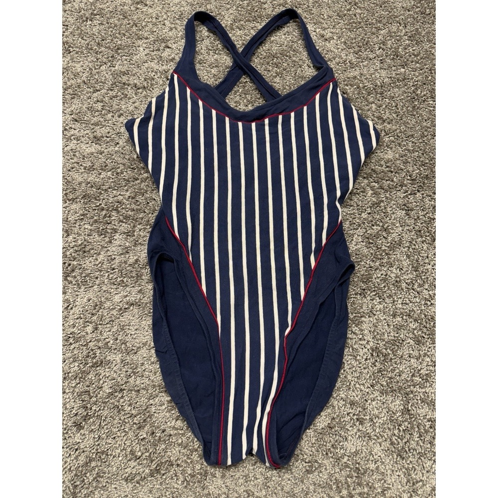 VTG Rose Marie Reid 12‎ Piece RED WHITE BLUE Stripe Swimsuit High Leg Low Back
